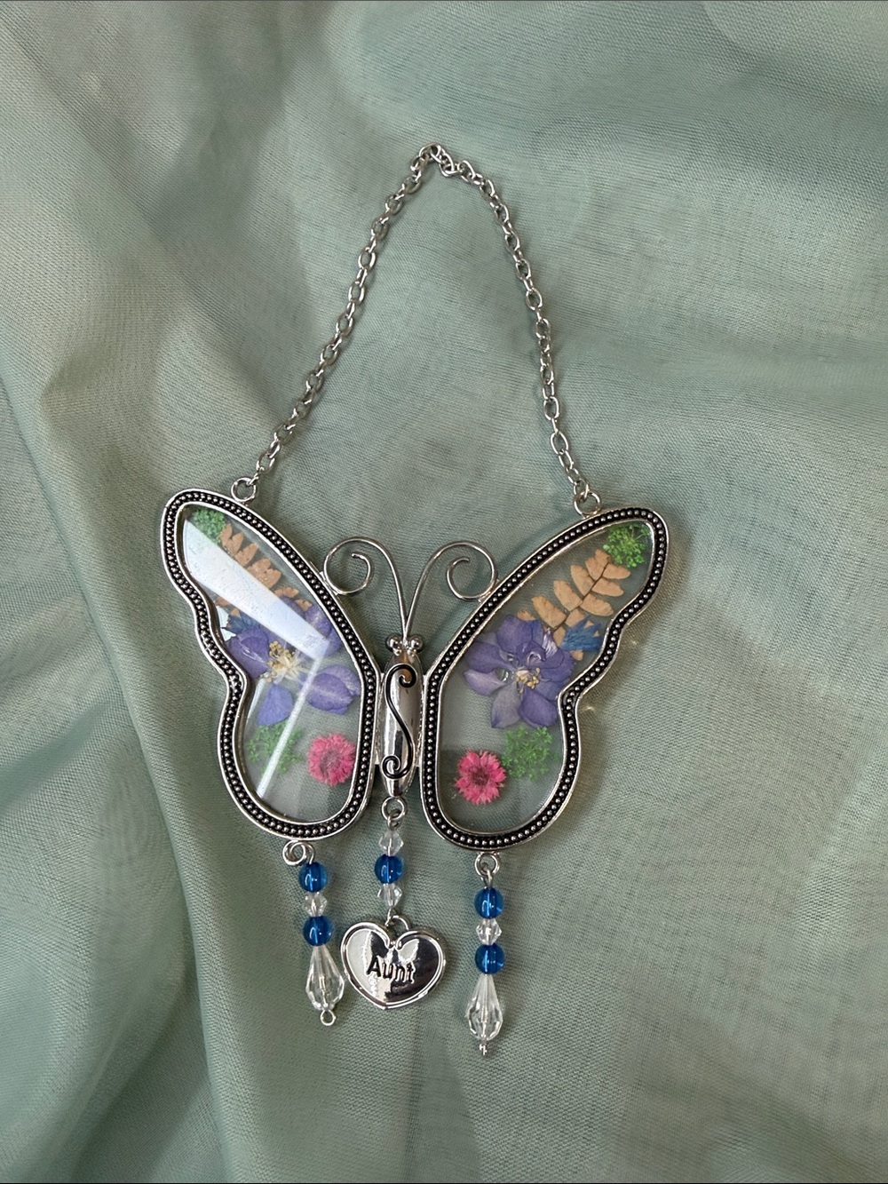 Butterfly Floral Suncatcher with 'Aunt' Heart Charm - Silver